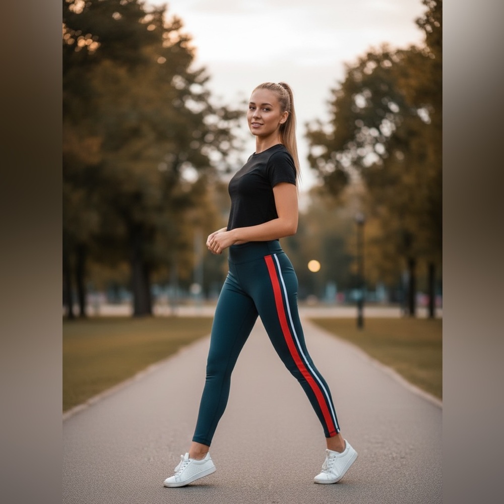Peloton Charcoal Leggings with Vibrant Red Stripe